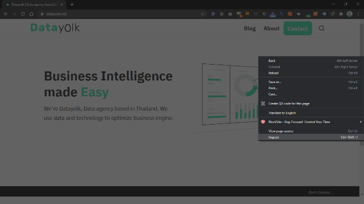 คลิกขวาบนพื้นที่ว่าง เลือก Inspector (ตรวจสอบ) เพื่อใช้ Chrome Dev Tools