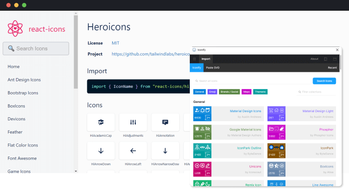 เว็บไซต์ React-icons และ Plugin Iconify ใน Figma ที่ใช้ไอคอนรูปแบบเดียวกัน