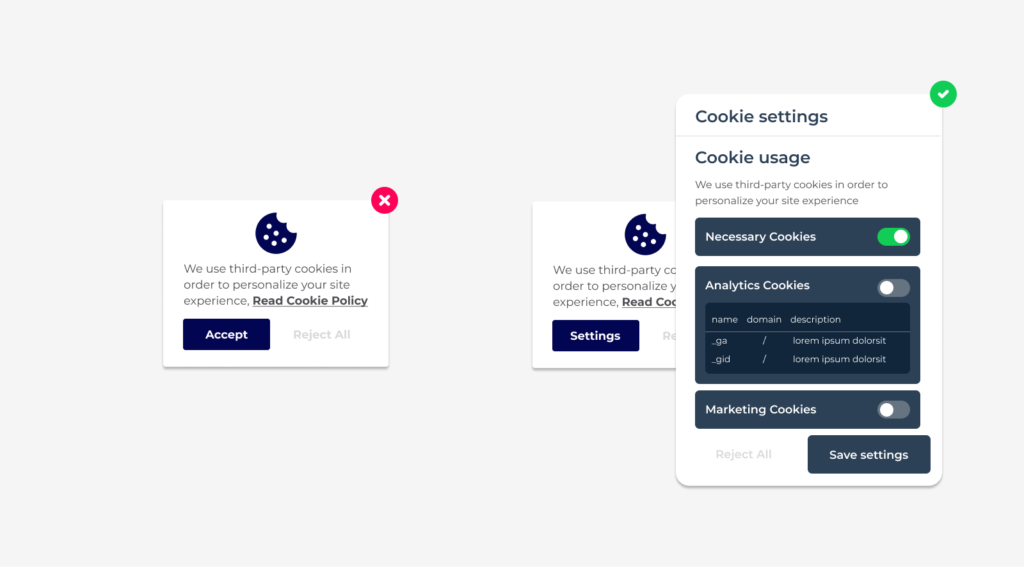 แยกประเภทคุกกี้ ทั้งคุกกี้ที่จำเป็น (Necessary Cookies) และคุกกี้ที่ไม่จำเป็น (Non-Necessary Cookies)
